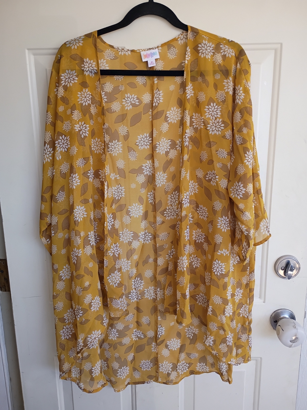 LuLaRoe Mustard Yellow/White Floral Sheer Kimono Size Medium EUC
